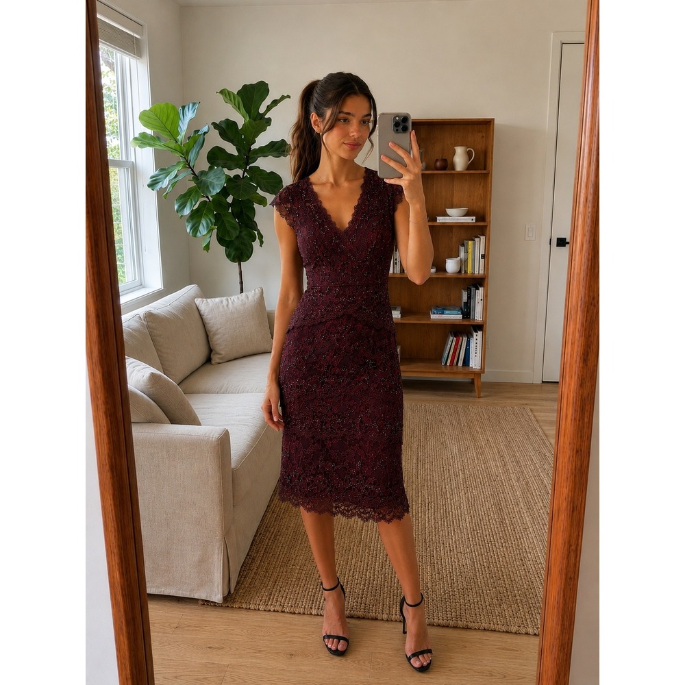 Cache Lace Beaded Midi Dress Size 8 Burgundy Party Cocktail Romantic Formal Glam